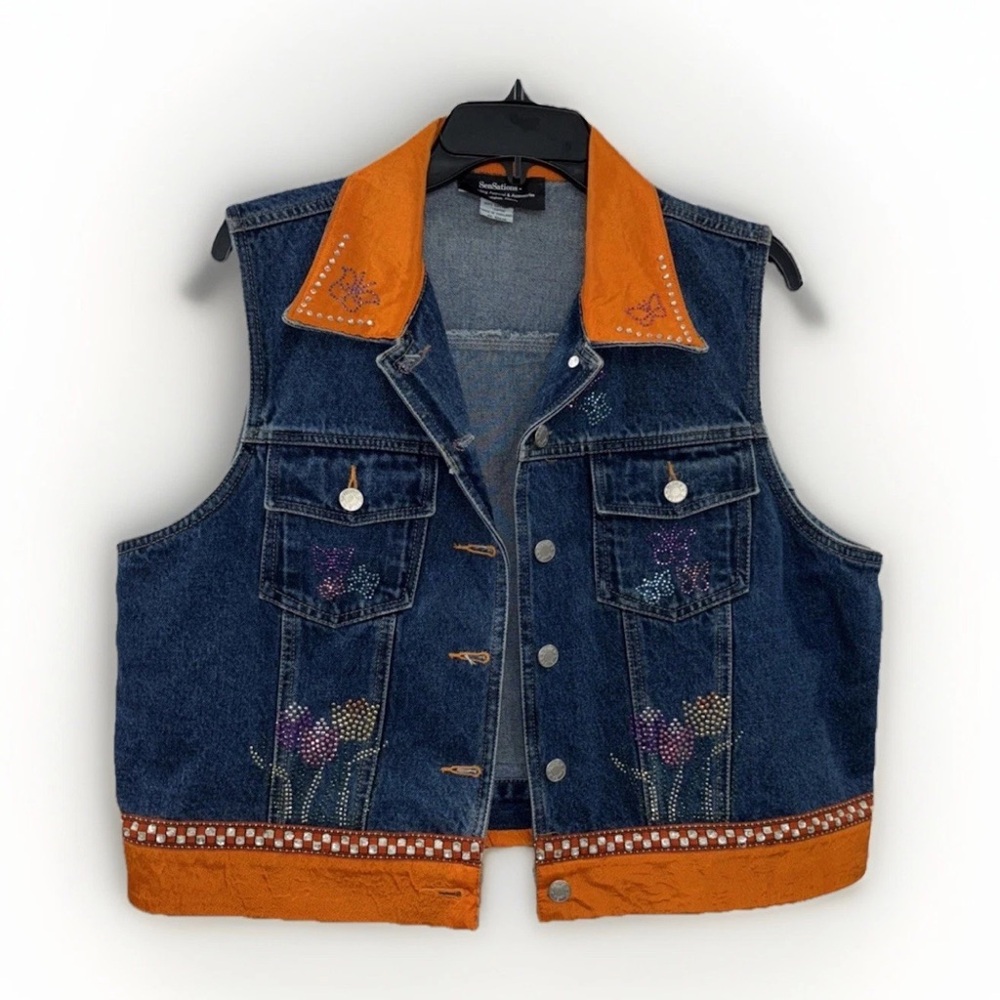 Sparkling Embroidered Size XL Denim Jean Vest‎ Orange Rhinestone 100% Cotton